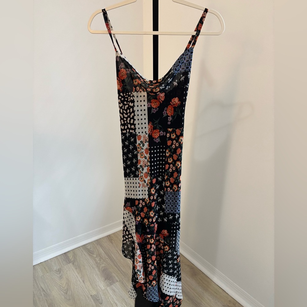 SO Black Patchwork Floral Maxi Slip Dress with Coral Accents